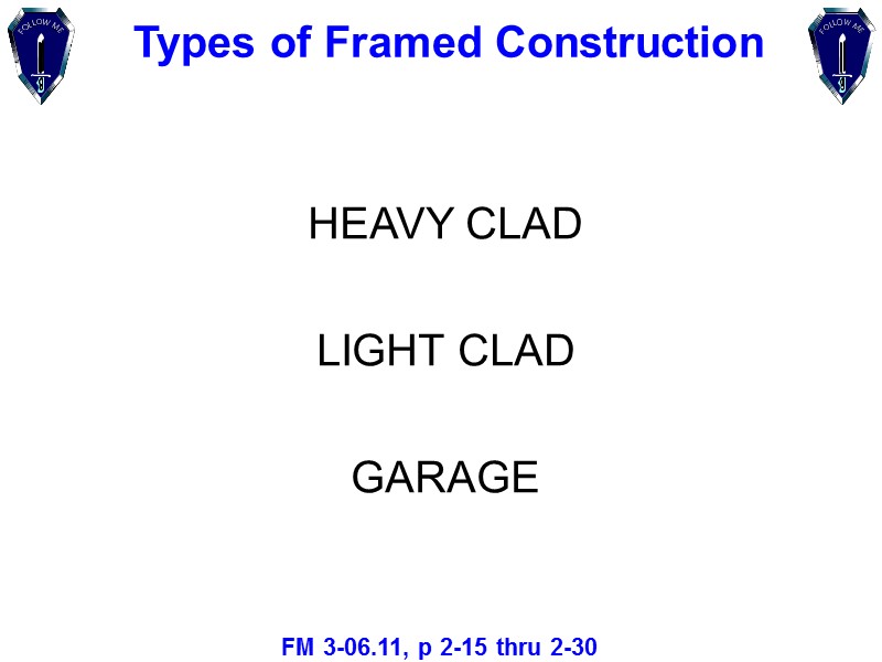 HEAVY CLAD  LIGHT CLAD  GARAGE Types of Framed Construction FM 3-06.11, p